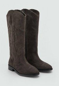 Botas altas de ante marrón con punta afilada, patrones de costura intrincados y cremallera lateral. Suela plana negra.