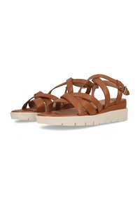 Sandale din piele maro cu multiple bretele încrucișate, cataramă pe spate și talpă groasă albă. Textură netedă și design cu vârful deschis.