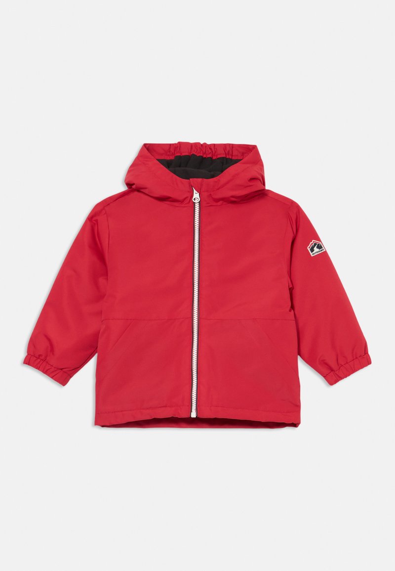 Rote Kapuzenjacke mit elastischen Bündchen, durchgehendem Reißverschluss und schwarzem Innenfutter. Verfügt über ein Logo-Patch auf dem linken Ärmel.