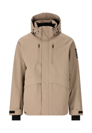 Beige waterdichte jas met een hoge kraag, verstelbare capuchon, twee met rits gesloten borstzakken en contrasterende zwarte manchetten. Gladde afwerking.