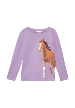 Lila langarmshirt met een realistische afbeelding van een kastanjekleurig paard met een witte bles en een gevlochten manen aan de voorkant.