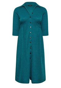 Sukienka na guziki w kolorze morskim, z półrękawkami, teksturowaną tkaniną i czarnymi guzikami z przodu, z kołnierzykiem i marszczonym pasem.