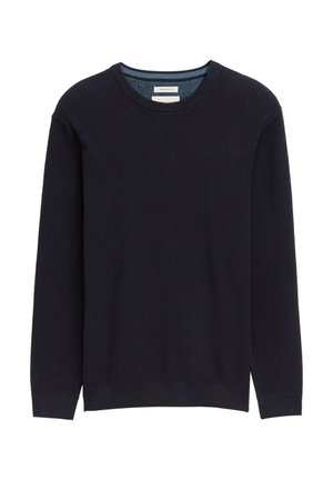 Merinovalkoinen neulepaita, jossa on pyöreä pääntie, pitkät hihat, resorit hihansuissa ja helmassa; pehmeä rakenne, jossa on hienovarainen vaalea vaakakuosis.