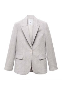 Blazer gris claro hecho de un tejido texturizado que presenta solapa de muesca, cierre de un solo botón y dos bolsillos frontales.