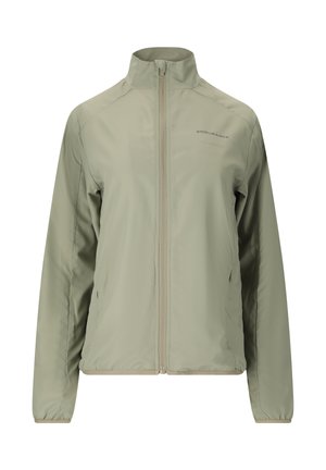 Lichtolijfgroene jas met ritssluiting, hoge kraag, lange mouwen en het "Endurance"-logo op de linkerborst.