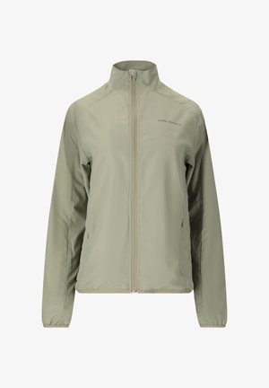 Lichtolijfgroene jas met ritssluiting, hoge kraag, lange mouwen en het "Endurance"-logo op de linkerborst.