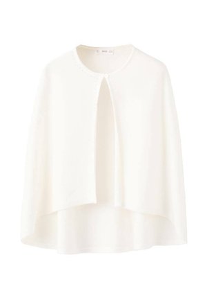 Bela kratka jopa z okroglim izrezom, enim gumbom na vrhu in rahlo daljšim zadnjim robom.