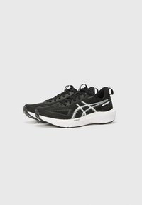 Black running shoes with mesh upper, white midsole, rounded toe, and reflective silver accents. Features laces and rear pull tab.