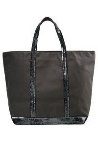 Zwarte canvas tas met glanzende zwarte sequins op de handvatten en de bodem. Heeft stevig materiaal en een ruime, open ontwerp.