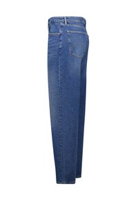 Denim jeans in a medium blue hue. Features a straight leg design with traditional back pockets and a high waist. Textured fabric.
