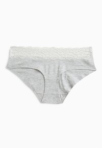 Szare bawełniane slipy z białą koronkową gumką w pasie. Posiadają gładką teksturę i klasyczny krój bikini, idealne do codziennego noszenia.