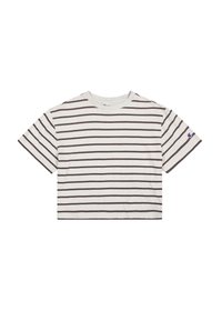 Camiseta de algodón blanca con rayas marrones horizontales, mangas cortas y un cuello redondo. Presenta un pequeño logo en la manga izquierda.
