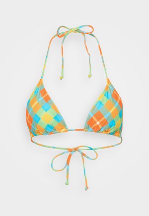 Dreieckiger Bikini-Oberteil mit mehrfarbigem Karomuster in Orange, Blau und Grün, mit verstellbaren Bändern am Hals und Rücken. Angenehme Textur.