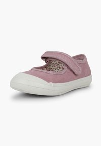 Pink fabric Mary Jane shoe with a white rubber sole and adjustable strap, featuring a floral patterned lining and simple design.