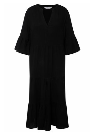 Czarna sukienka midi z falbanami na dole, rozkloszowanymi rękawami do łokcia oraz dekoltem w kształcie litery V.