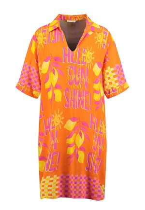 Tunic a maniche corte di un arancione vivace con motivi di sole rosa e giallo, limone, foglia, motivi a scacchiera, e testo "Hello sun shine!".