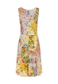 Blumenkleid mit ärmellosem Design. Die Farben umfassen Gelb, Pink und Grün auf einem beigen Hintergrund, mit einem fließenden, knielangen Rock.