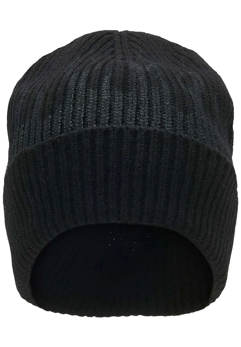 Cappello beanie nero a maglia con texture a coste verticali. Parte superiore arrotondata e orlo arrotolato. Il tessuto morbido fornisce isolamento e comfort.