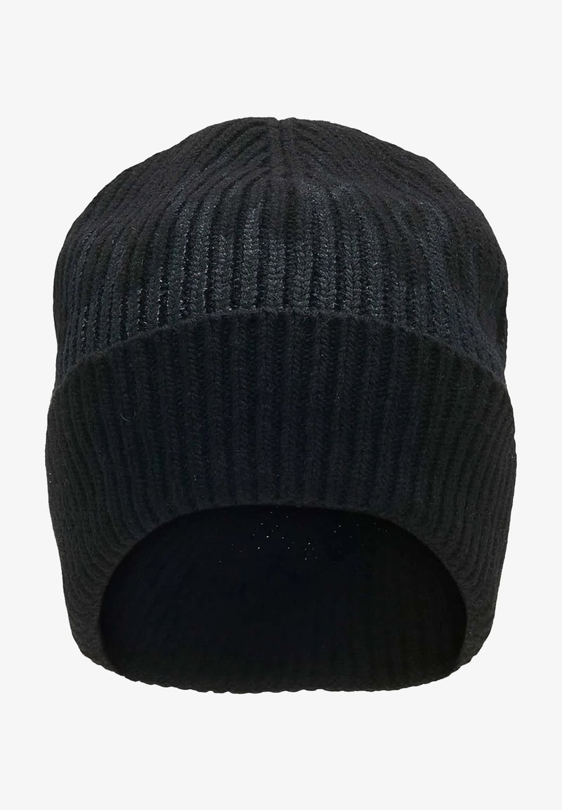 Cappello beanie nero a maglia con texture a coste verticali. Parte superiore arrotondata e orlo arrotolato. Il tessuto morbido fornisce isolamento e comfort.