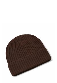 Berretto a coste marrone in maglia con risvolto. La texture è morbida ed elastica, progettata per offrire calore e comfort.