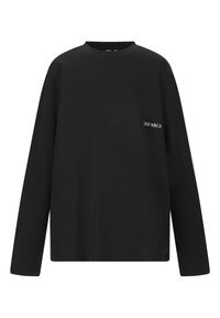 Schwarzes Langarm-T-Shirt aus Baumwolle mit Rundhalsausschnitt und einem kleinen "LES' ARCS"-Textdetail auf der linken Seite. Glatte Textur.