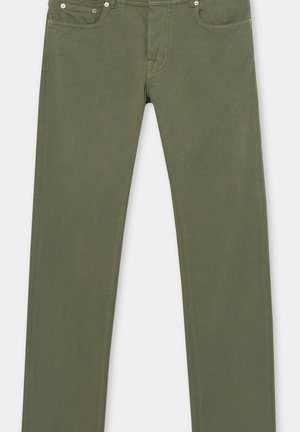 Olivgrüne Baumwollhose mit geradem Schnitt, fünf Taschen und Details aus Metall. Glatte Textur mit sichtbaren Nähten.