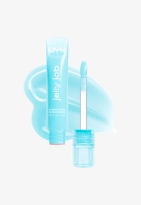 NYX Jelly Job full-bodied shine lip gloss in translucent light blue with applicator wand and swatch behind.