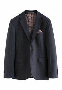 Blazer marine à motif écossais, doté de deux poches avant et d'une doublure à motifs rouge et blanc. Comprend un pochette.