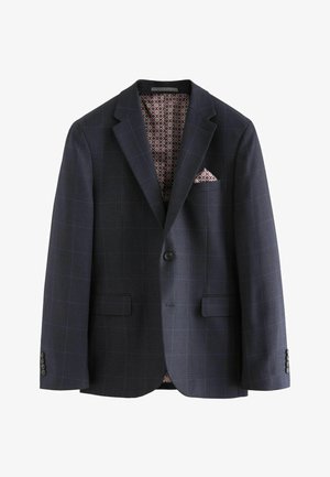 Navy blazer with a checked pattern, featuring two front pockets and a patterned lining in red and white. Includes a pocket square.