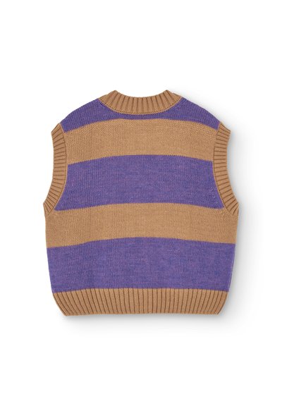 Knit bezrukavni pulover s prugastim uzorkom, koji sadrži naizmjenične trakaste uzorke bež i ljubičaste boje. Riblastu vratnu liniju i rub, s mekim teksturom.
