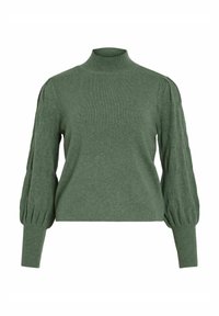 Maglione verde lavorato a maglia con collo alto, texture a costine e maniche a sbuffo che presentano un motivo a trecce. I polsini svasati completano il design.