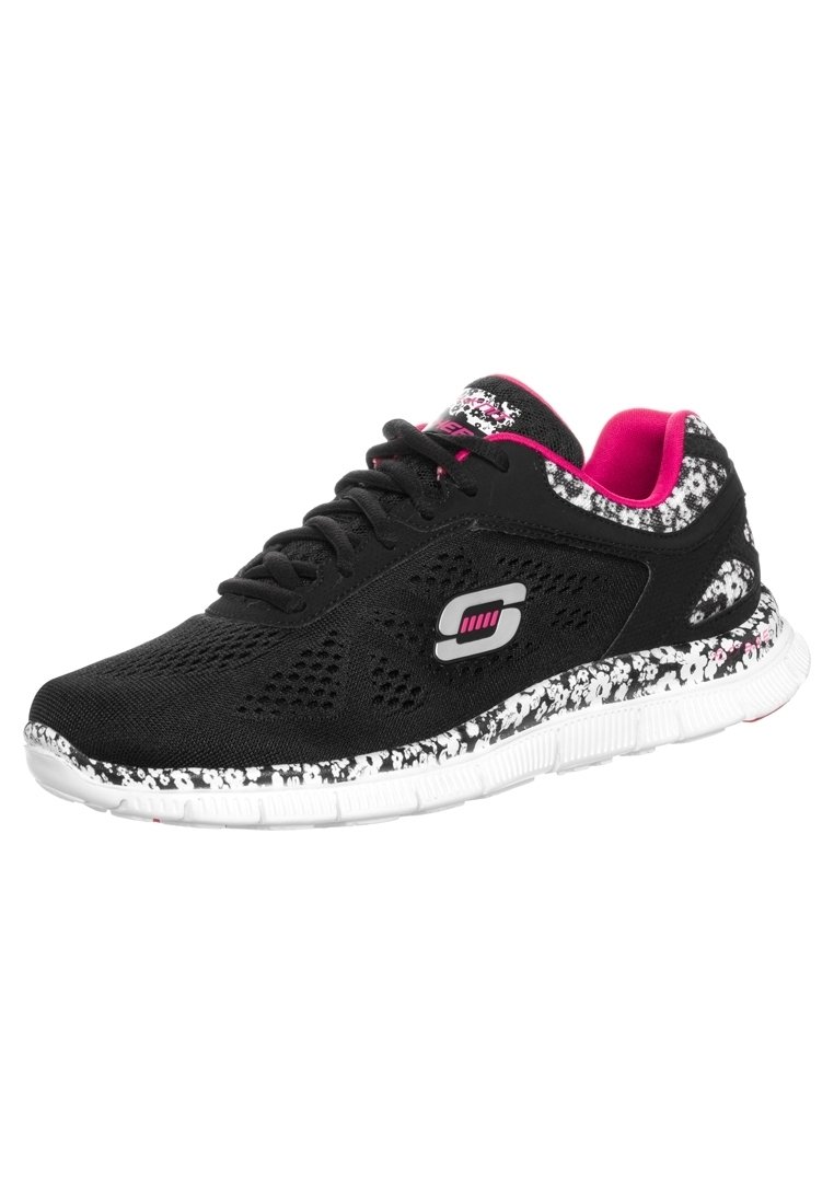 Black athletic shoes with mesh upper, pink accents, and a white textured sole featuring a black and white pattern along the sides.