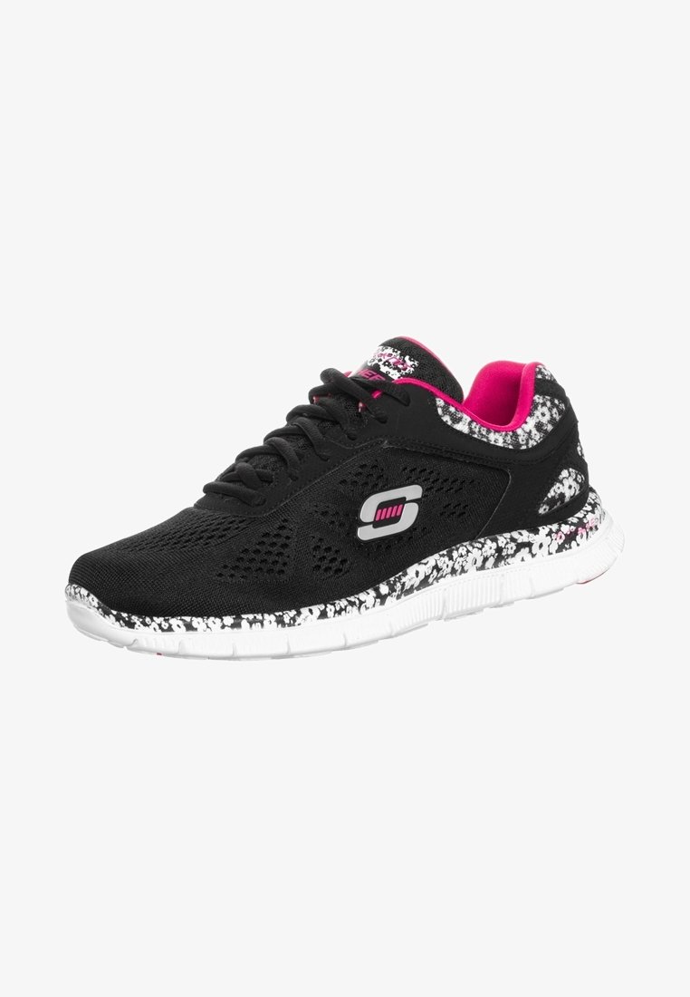Black athletic shoes with mesh upper, pink accents, and a white textured sole featuring a black and white pattern along the sides.