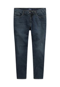 Jeans in denim blu scuro con vestibilità slim, cinque tasche, chiusura anteriore con bottone e zip, e cuciture dorate a contrasto.