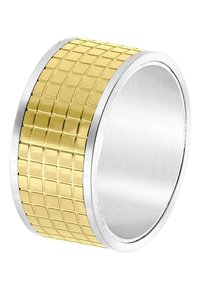 Gouden ring met een gestructureerd gele middenstuk en gladde zilveren randen, met een grid-achtige structuur voor extra detail.
