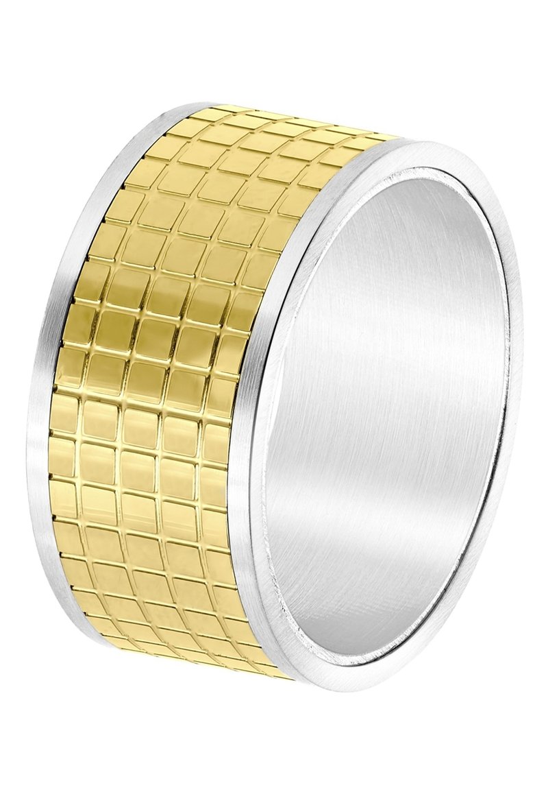 Gouden ring met een gestructureerd gele middenstuk en gladde zilveren randen, met een grid-achtige structuur voor extra detail.