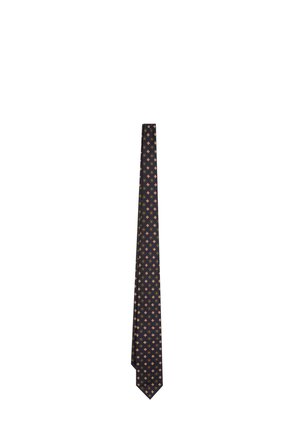 Corbata negra con un patrón repetido de pequeñas formas florales naranjas y blancas distribuidas uniformemente por toda la tela.