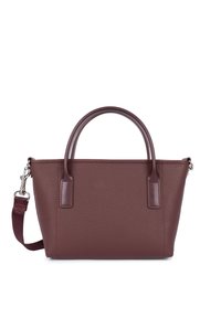 Borsa in pelle bordeaux con superficie testurizzata, due manici corti e una tracolla lunga sganciabile. Presenta dettagli cuciti e una forma strutturata.