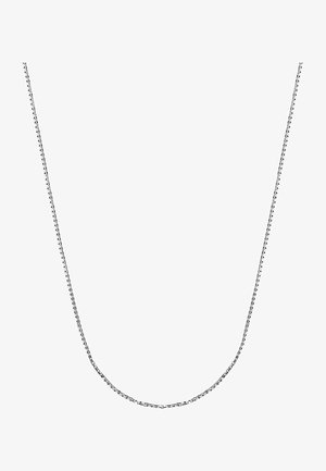 Silberne Kettenhalskette mit kleinen quadratischen Gliedern, einer glatten Textur und einem zarten Design. Die Kette misst etwa 45 Zentimeter in der Länge.