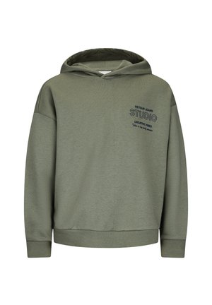 Olivgrüner Kapuzenpullover mit gerippten Bündchen und Saum, mit kleinem schwarzem Text "Retour Jeans Studio Creative Vibes" auf der Brust.