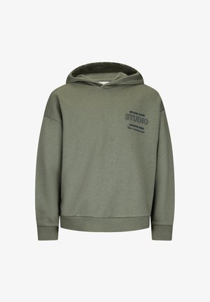 Felpa con cappuccio verde oliva con polsini e orlo a coste, con piccolo testo nero "Retour Jeans Studio Creative Vibes" sul petto.