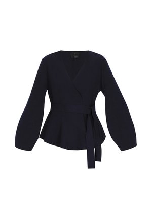 Laivaston sininen kietaisu neule, jossa on pitkät, levenevät hihat ja solmittava vyö vyötäröllä. Valmistettu pehmeästä kankaasta, jossa on peplum-helma.