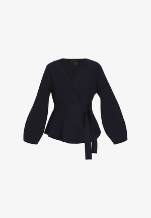 Námornícky zabalovací sveter s dlhými, rozšírenými rukávmi a opaskom viazaným v páse. Vyrobený z mäkkej látky s peplum lemom.