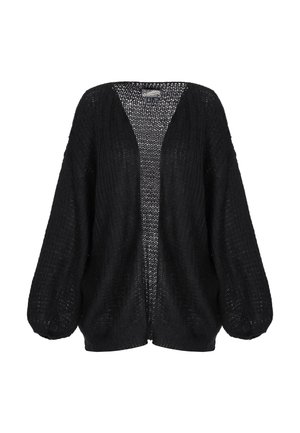 Black open-front knitted cardigan with long balloon sleeves and a loose fit, displayed against a white background.