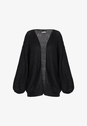Black open-front knitted cardigan with long balloon sleeves and a loose fit, displayed against a white background.