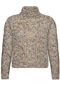 Gebreide trui met een hoge hals, voorzien van een multikleurig patroon in beige, groen en roest. Dikke textuur; lange mouwen.