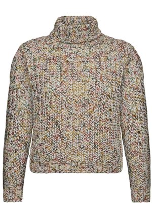 Strikket genser med høy hals, med et flerfarget mønster i beige, grønn og rust. Tykk tekstur; lange ermer.