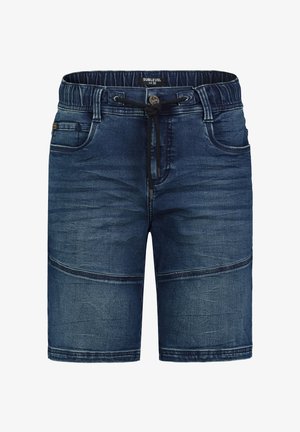 Dunkelblaue Jeansshorts mit elastischem Bund und Kordelzug, ausgestattet mit Vorderentaschen und horizontalen Nähdetails.