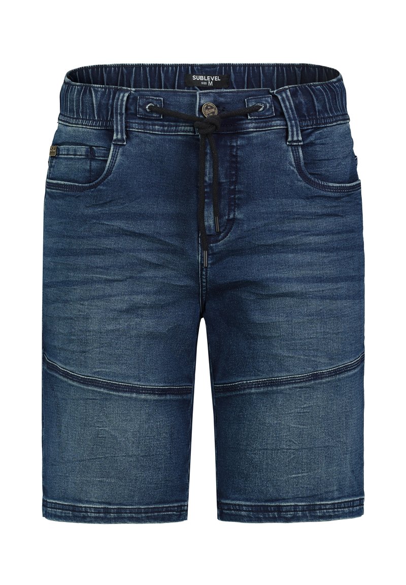 Denim shorts in dark blue with an elastic waistband and drawstring, featuring front pockets and horizontal stitching details.