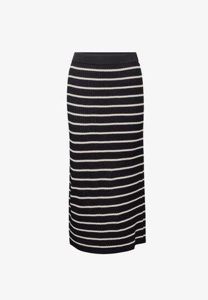Jupe midi en tricot avec des rayures horizontales noires et blanches, une taille ajustée et une fente sur le côté pour plus de mouvement.